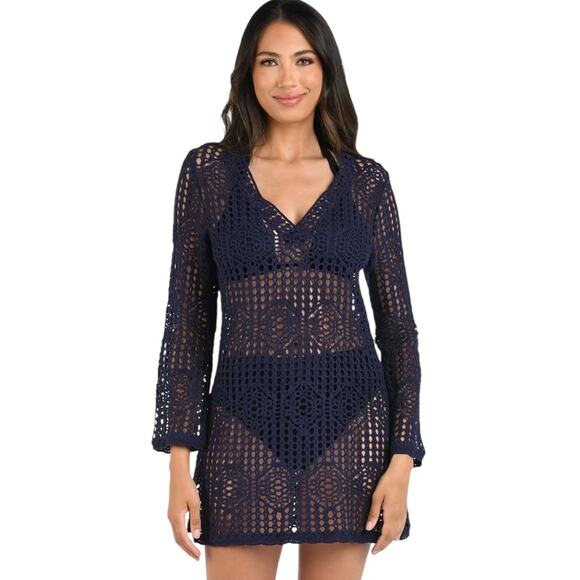 La Blanca Waverly Covers Crochet V-Neck Tunic Cover Up in Indigo – Sz Med - Picture 1 of 7